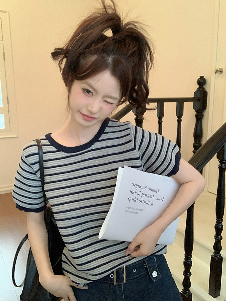 Actual shot Spring~Korean style casual lazy contrasting color striped round neck short-sleeved T-shirt