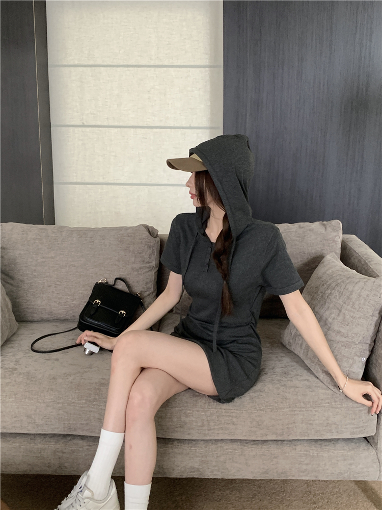 Real shot Spring~Korean style casual hooded drawstring design niche short-sleeved dress