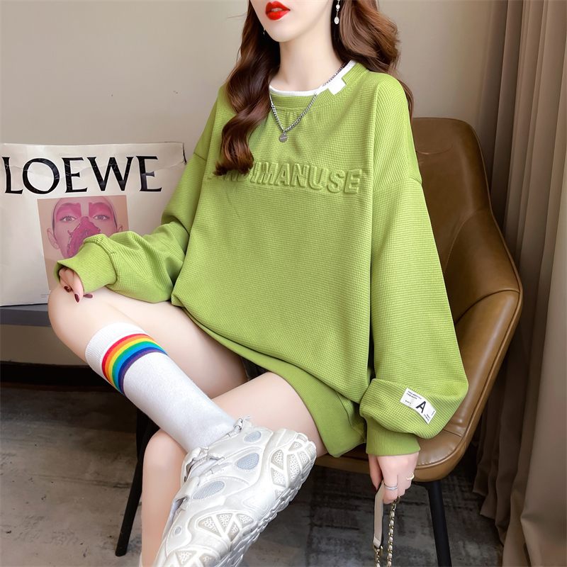 Actual shot of 2024 spring new Korean style loose back collar waffle fake two-piece large size thin sweatshirt for women