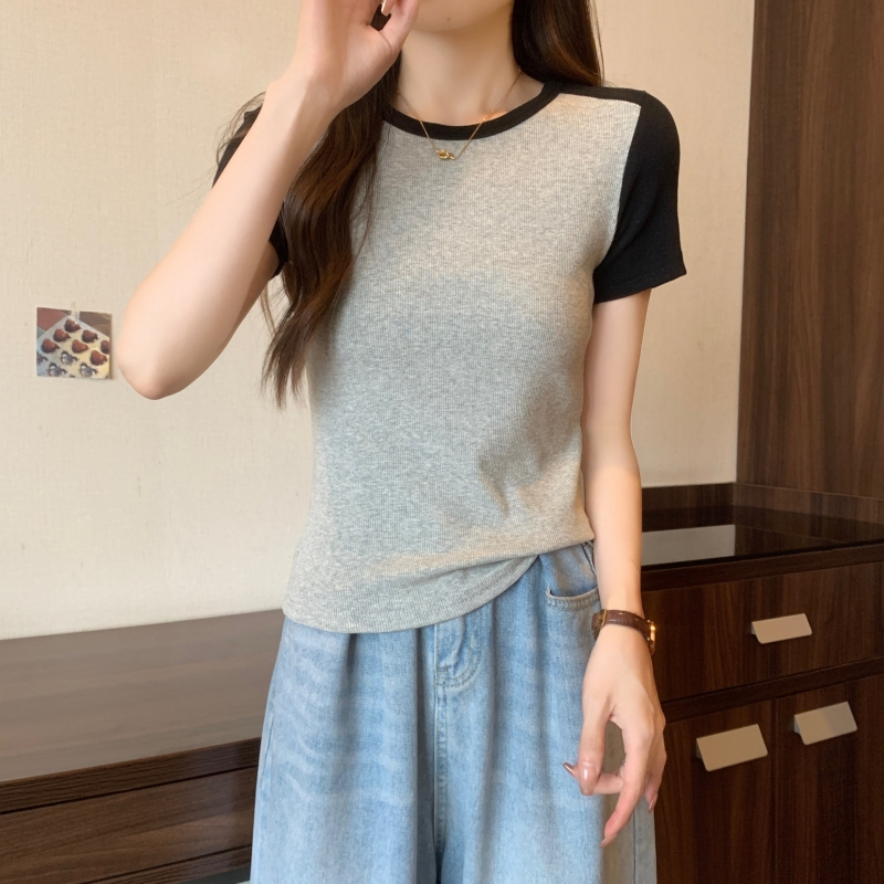 40 Count Pure Cotton 2024 Summer Contrast Color Short Sleeve T-Shirt Women's Stretch Cropped Top