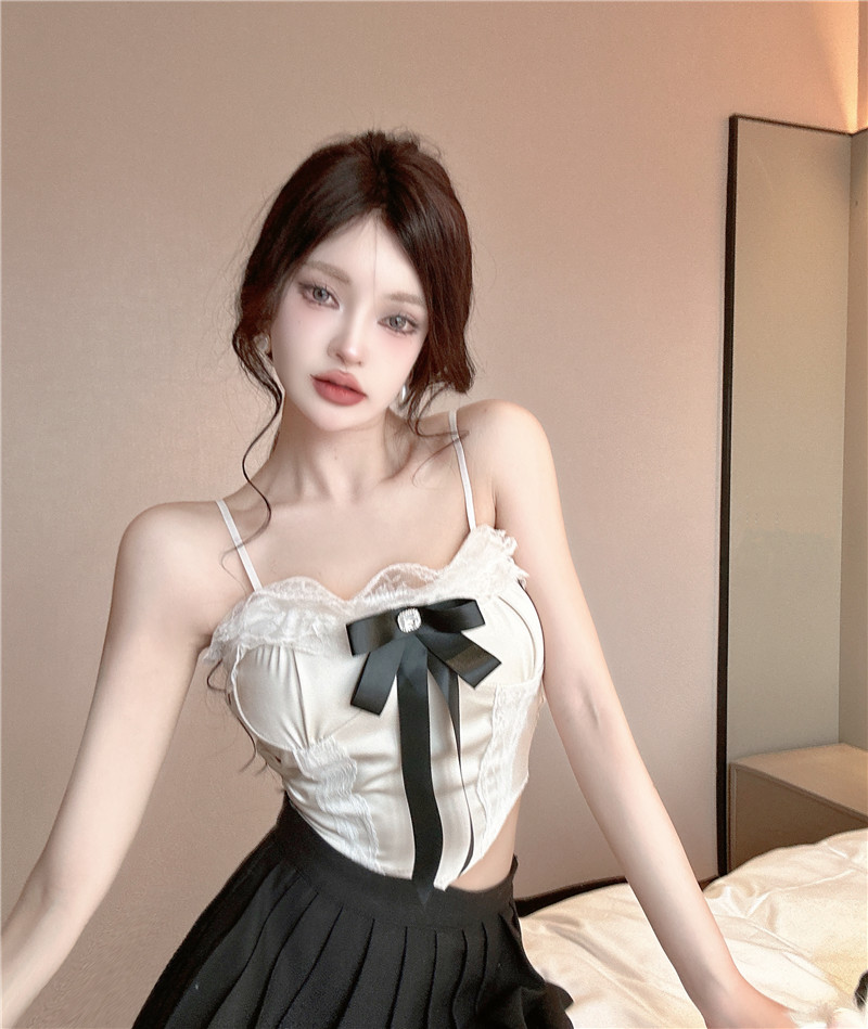 Real shot of lace bow camisole pure lust sexy slim short inner wear outer top for women