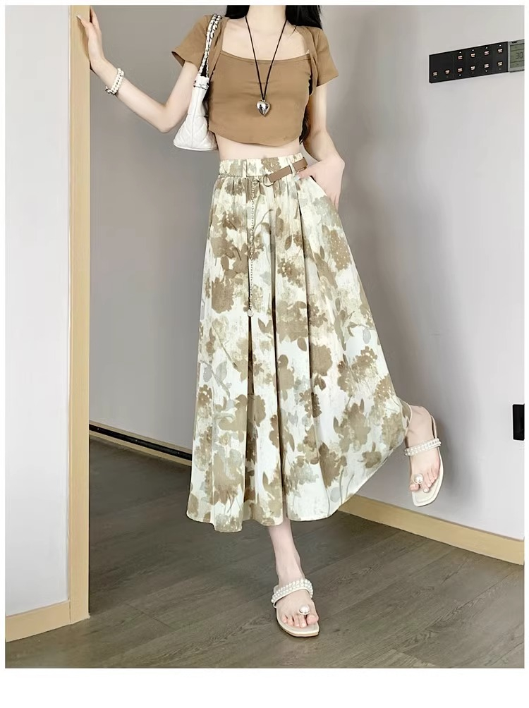 Original workmanship summer thin 2024 new high-waisted loose slimming ink printed eight-point wide-leg pants for women