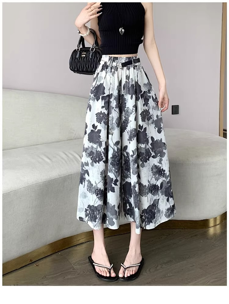 Original workmanship summer thin 2024 new high-waisted loose slimming ink printed eight-point wide-leg pants for women