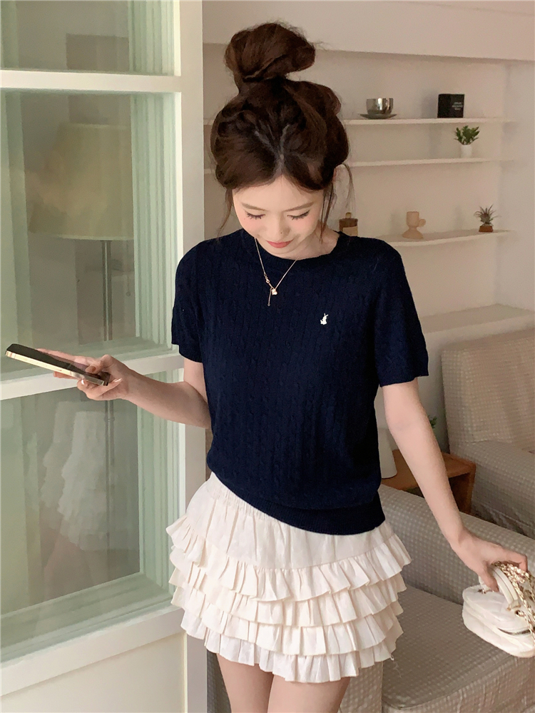 Actual shot Spring ~ 2024 Korean twist round neck sweater women's short-sleeved embroidered top