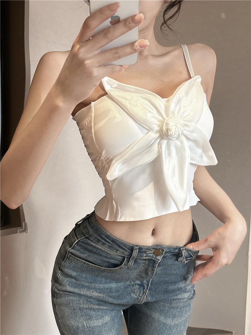 Actual shot of the new pure lust hottie flower bow camisole female pleated slim halterneck top