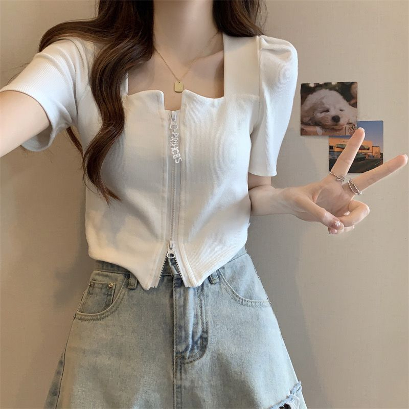 Large size zipper square collar right shoulder short-sleeved T-shirt for women summer Korean style fat mm covering belly and slimming design short top