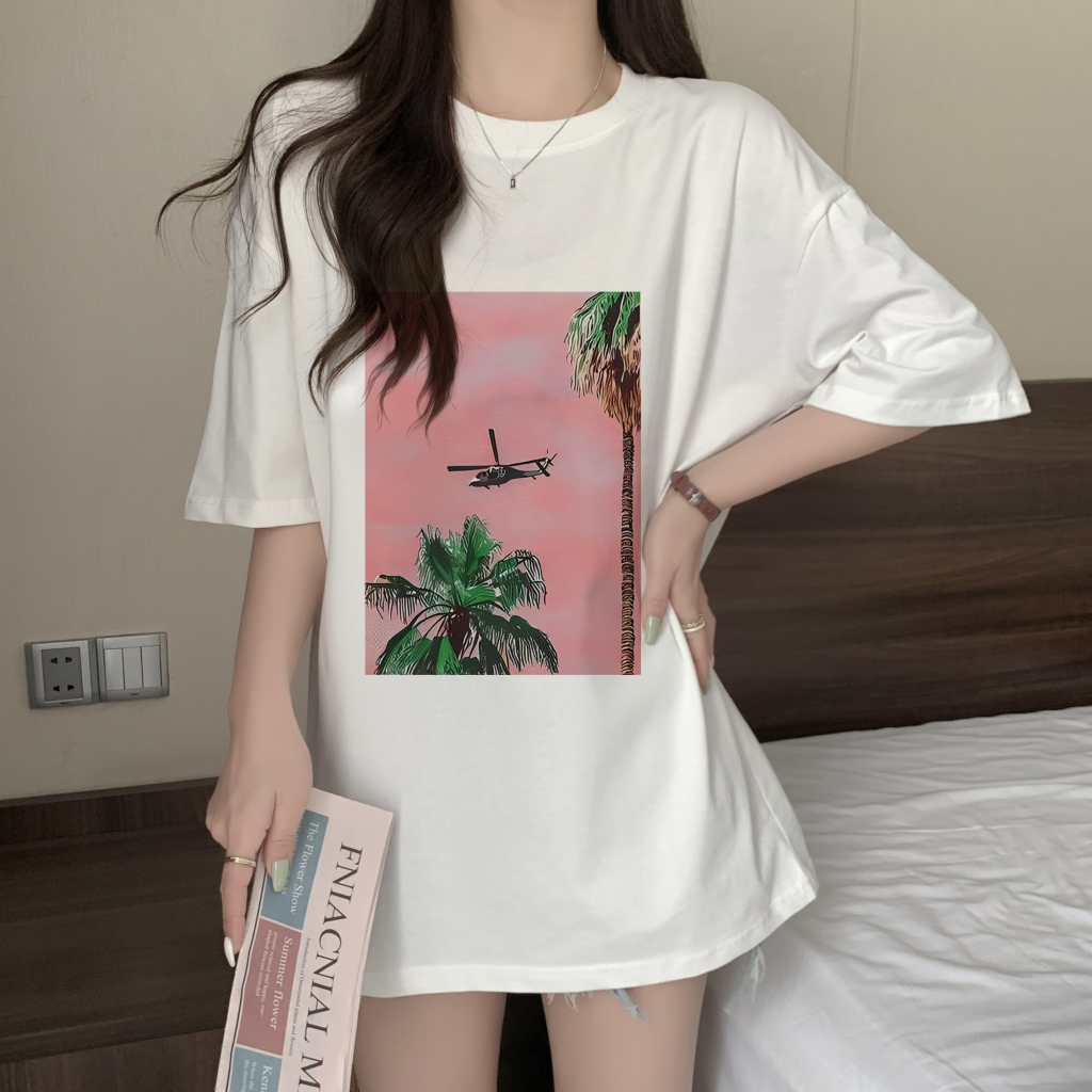 100% cotton combed cotton printed summer short-sleeved T-shirt for women loose Korean style