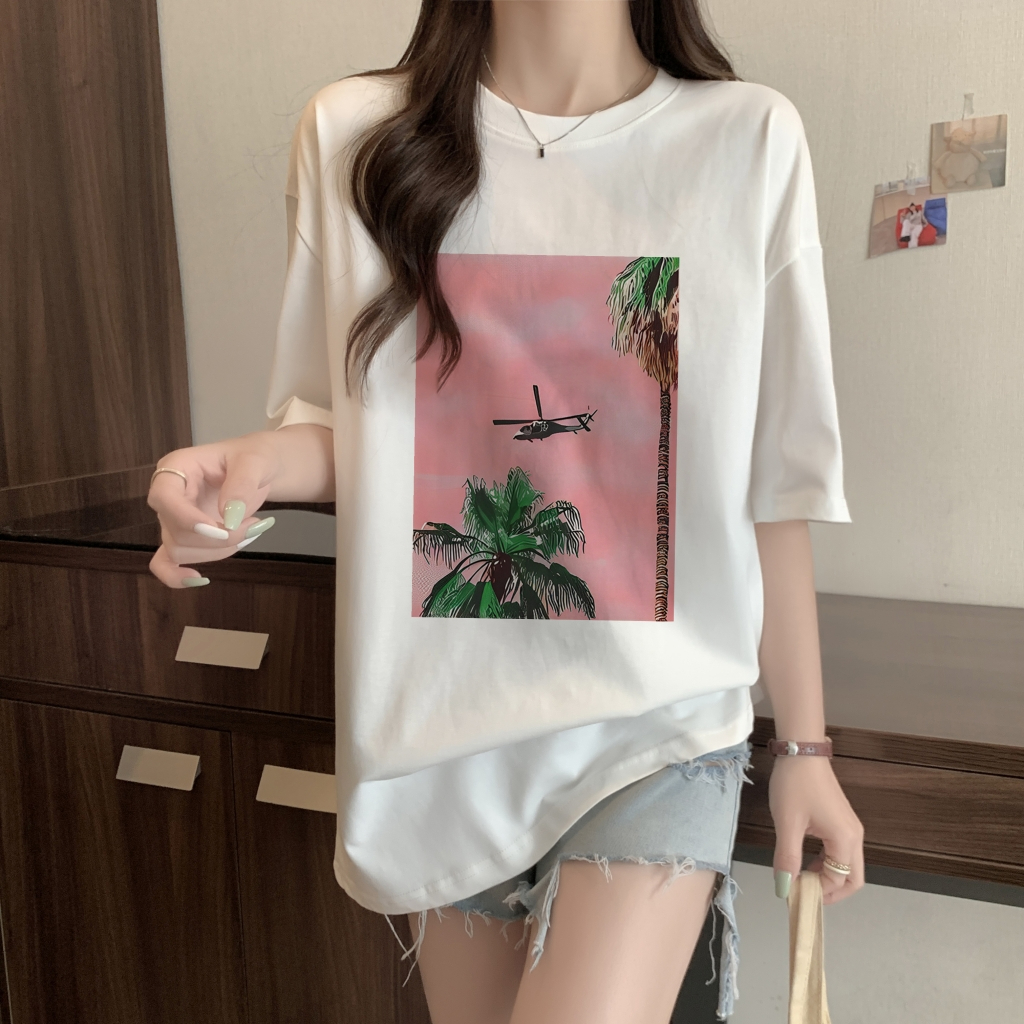 100% cotton combed cotton printed summer short-sleeved T-shirt for women loose Korean style