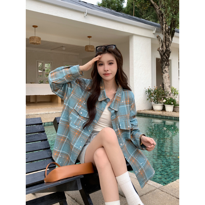 Pure cotton washed printed plaid shirt for women, loose bf lazy style shirt, spring and autumn style