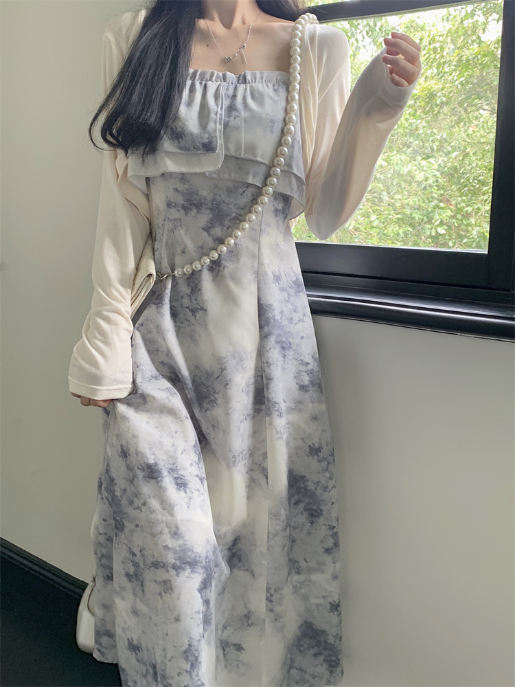 Yanyu Jiangnan ink smudged chest-wrapped one-shoulder dress sun protection long-sleeved cardigan thin style air-conditioning shirt