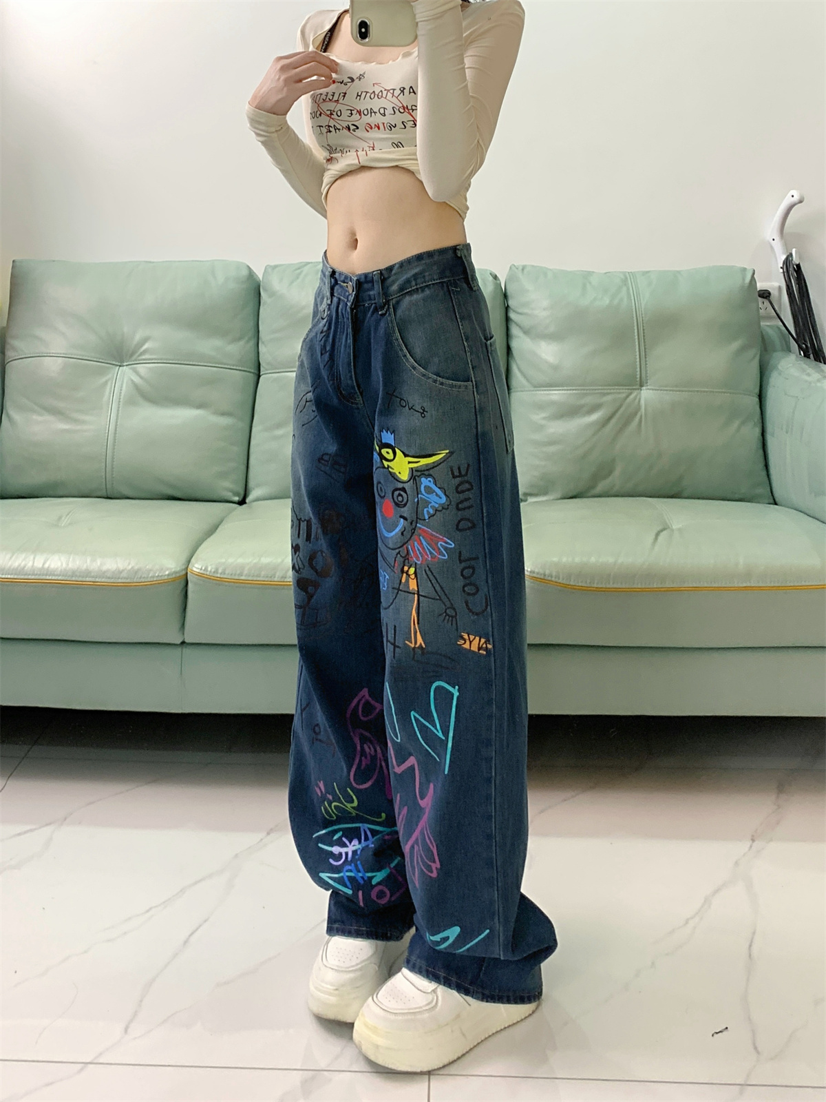 Actual shot~American retro high street graffiti jeans for women slimming loose straight trousers washed