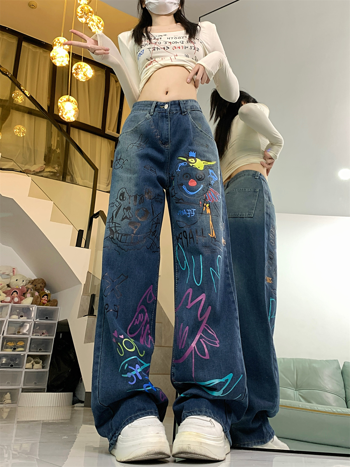 Actual shot~American retro high street graffiti jeans for women slimming loose straight trousers washed
