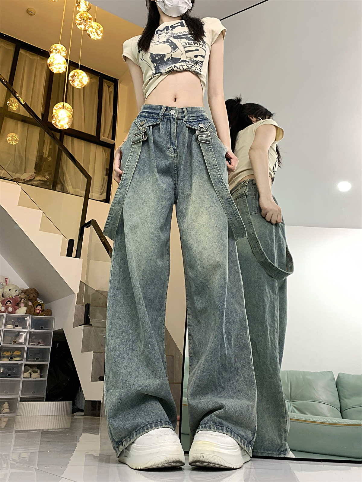Real shot ~ American retro niche high-waisted, loose, flesh-covering, wide-leg trousers with detachable straps