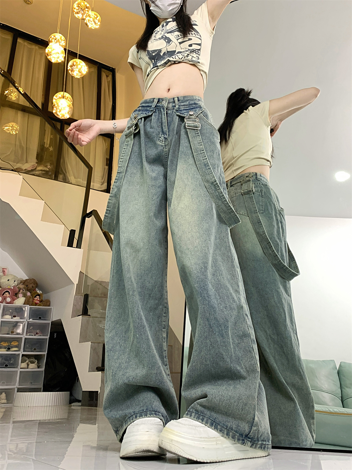 Real shot ~ American retro niche high-waisted, loose, flesh-covering, wide-leg trousers with detachable straps