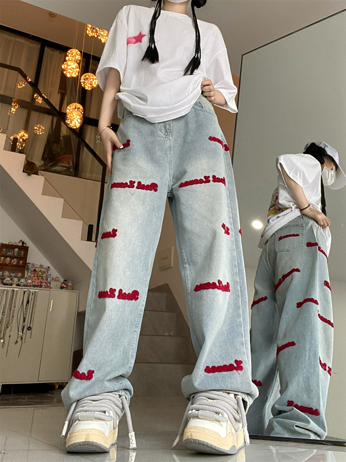 Actual shot ~ jeans red English embroidery embroidery casual straight high waist slim pants ins