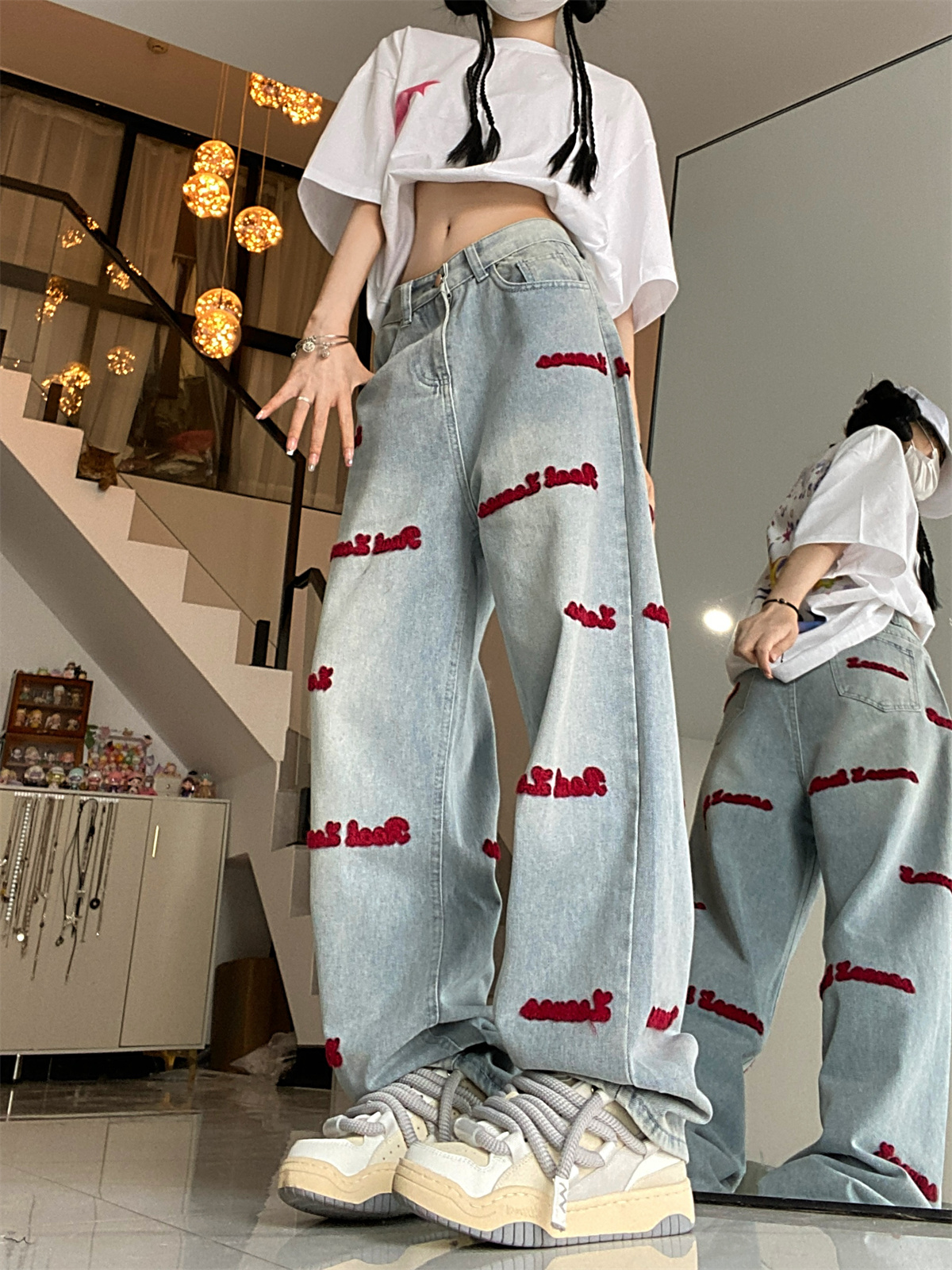 Actual shot ~ jeans red English embroidery embroidery casual straight high waist slim pants ins