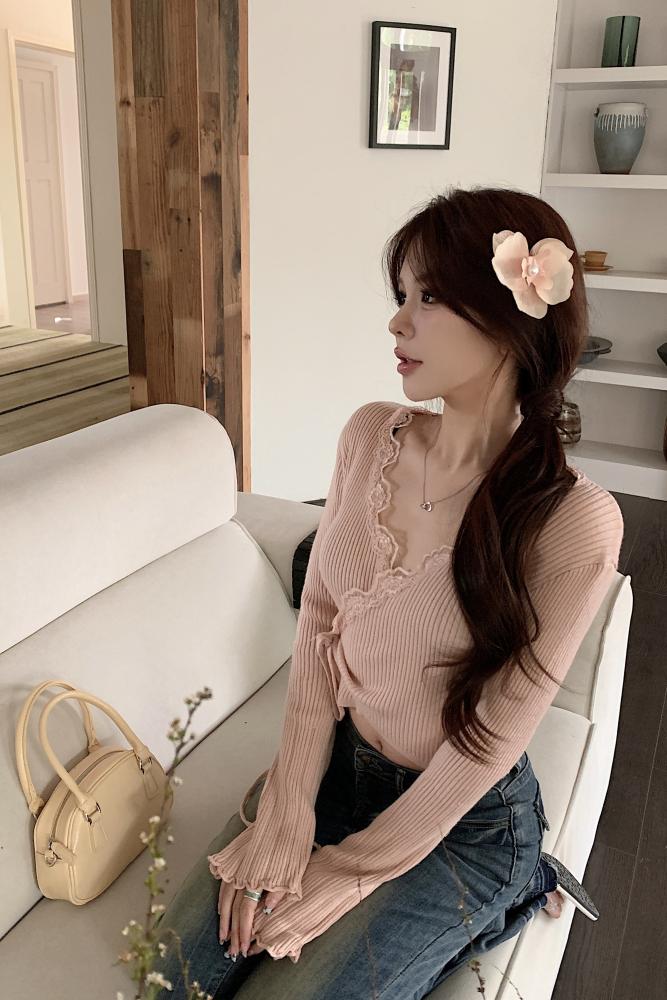 Actual shot of spring and summer knitted lace solid color long-sleeved wrap tie-up top V-neck T-shirt