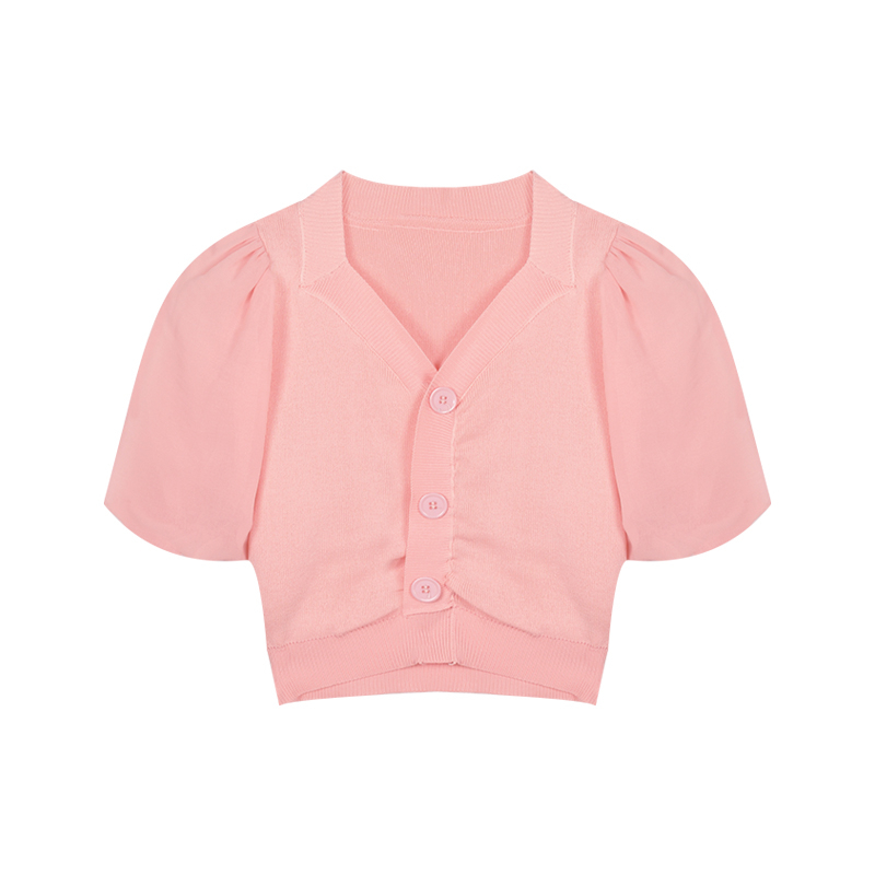 针织衫女纯欲短款修身粉色泡泡袖v领上衣2024夏季新款小开衫外套