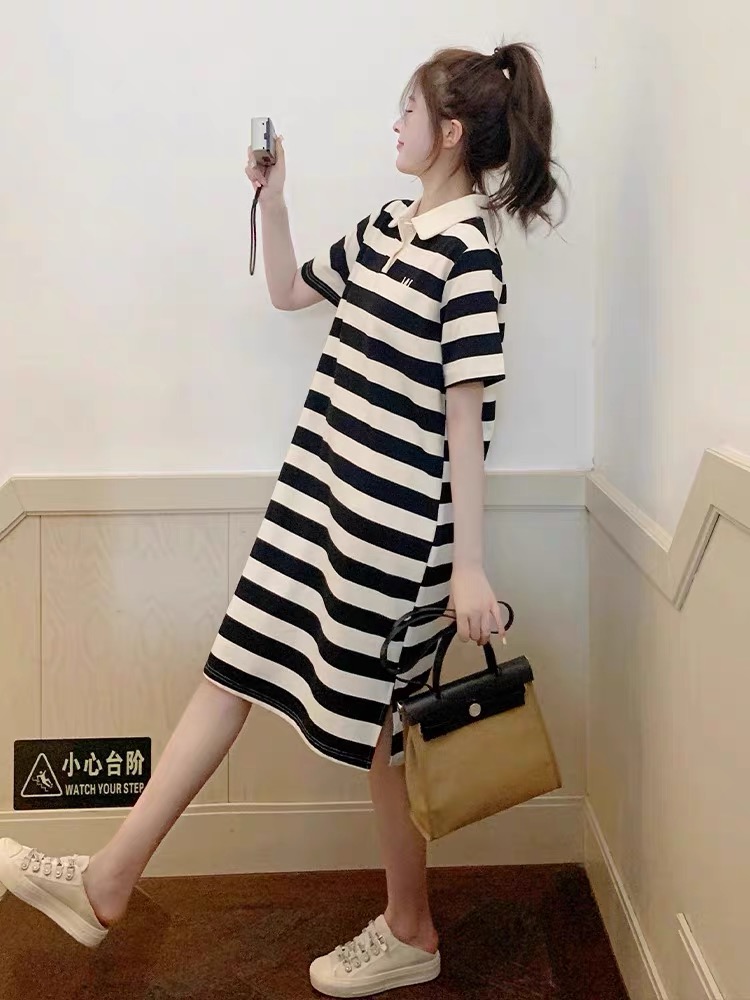 Black and white striped polo dress for women summer 2024 new Korean style casual loose slimming embroidered T-shirt skirt