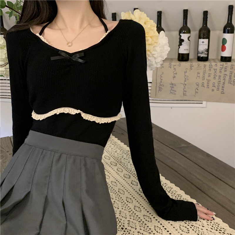 Actual shot of spring new square-neck pure lust lace splicing long-sleeved knitted top for women