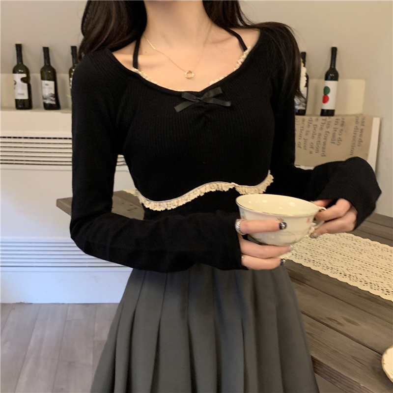 Actual shot of spring new square-neck pure lust lace splicing long-sleeved knitted top for women