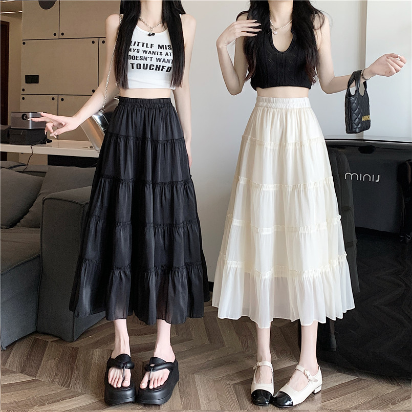 Actual shot of spring and summer gauze skirt, high-waisted cake skirt, mid-length straight skirt, a-line skirt for women