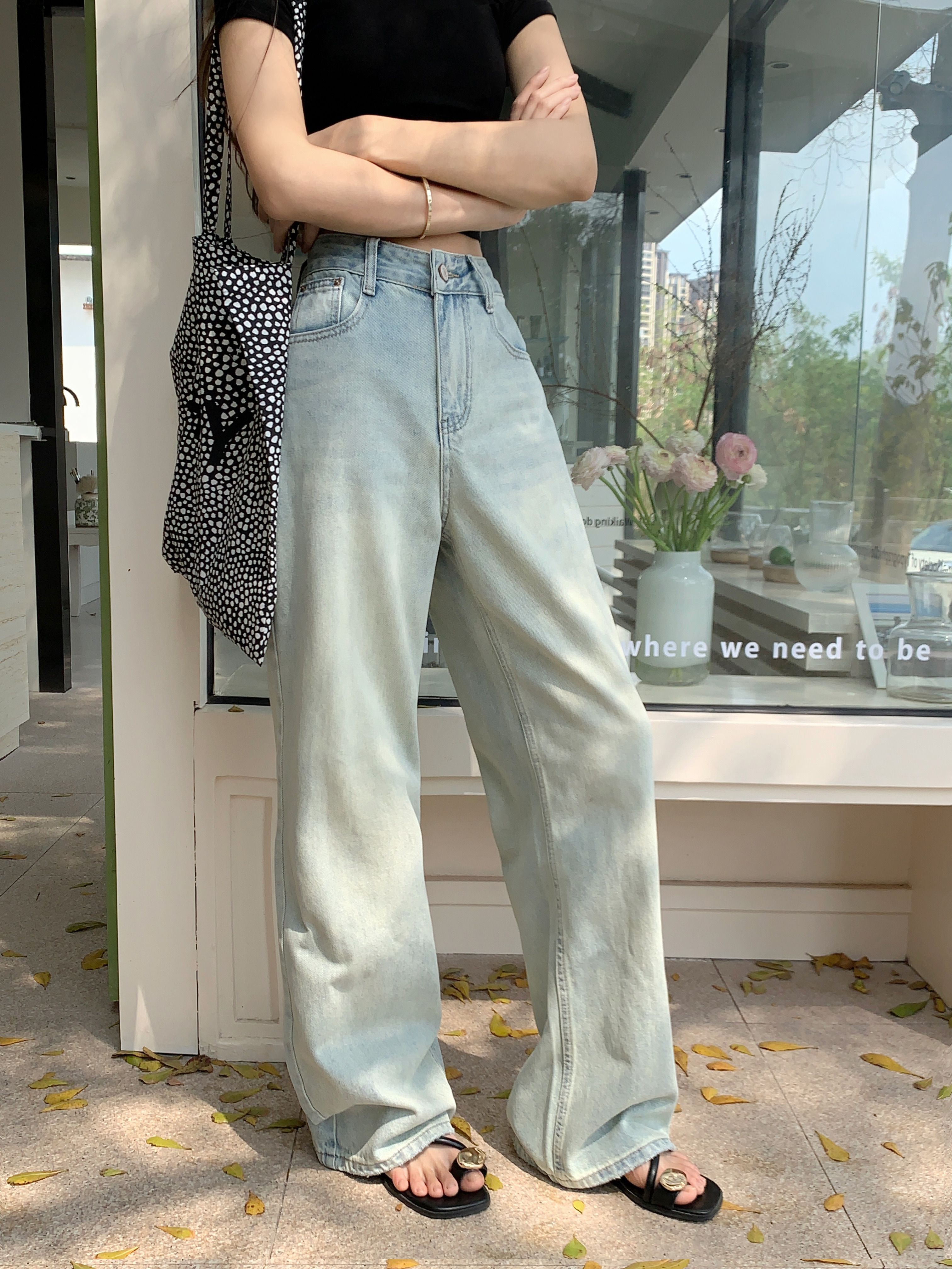 Real shot!  Retro personalized lace mesh apron loose versatile jeans trousers women's fashion