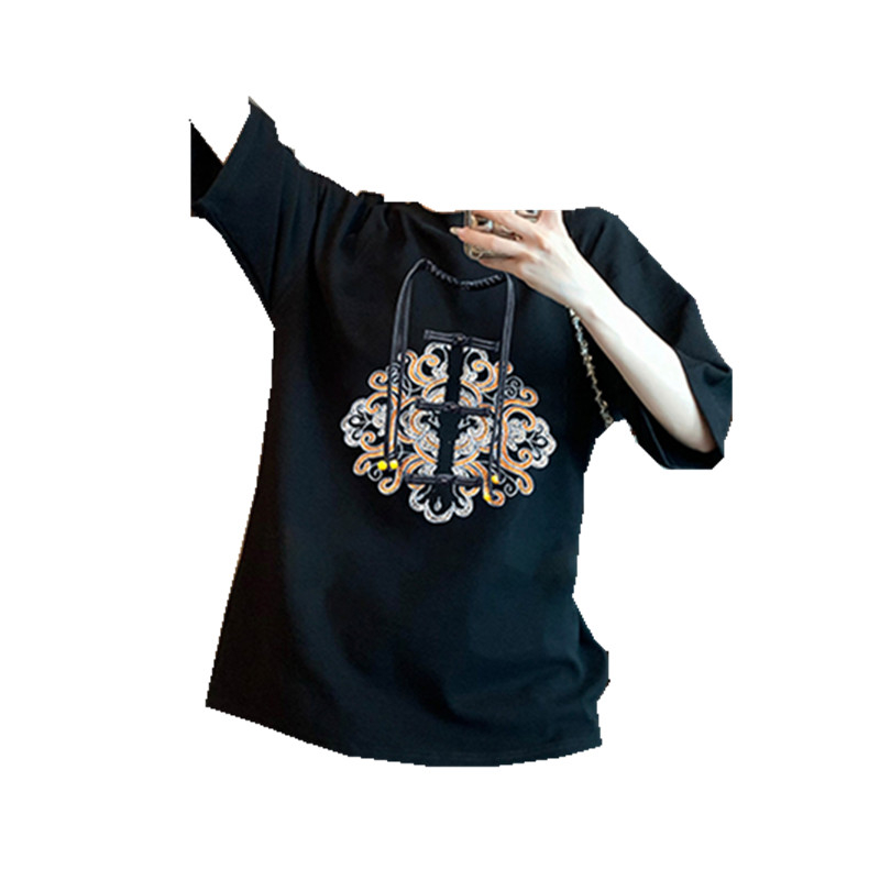 黑色新中式国风短袖t恤女2024新款春夏季设计感小众内搭打底衫ins