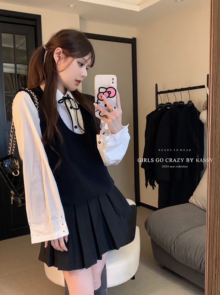 Actual shot ~ Spring new Korean style loose fake two-piece shirt spliced ​​V-neck pullover vest sweater top for women