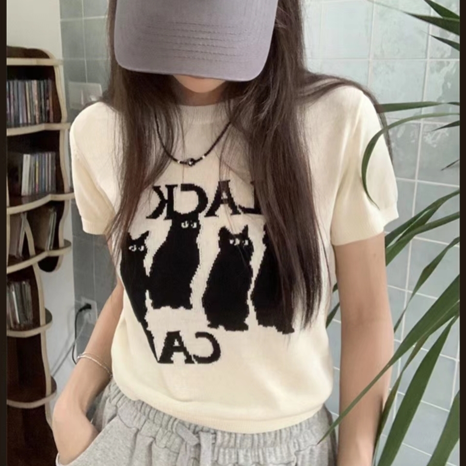 甜辣妹猫咪正肩针织短袖T恤女夏季纯欲风修身短款设计感小众上衣