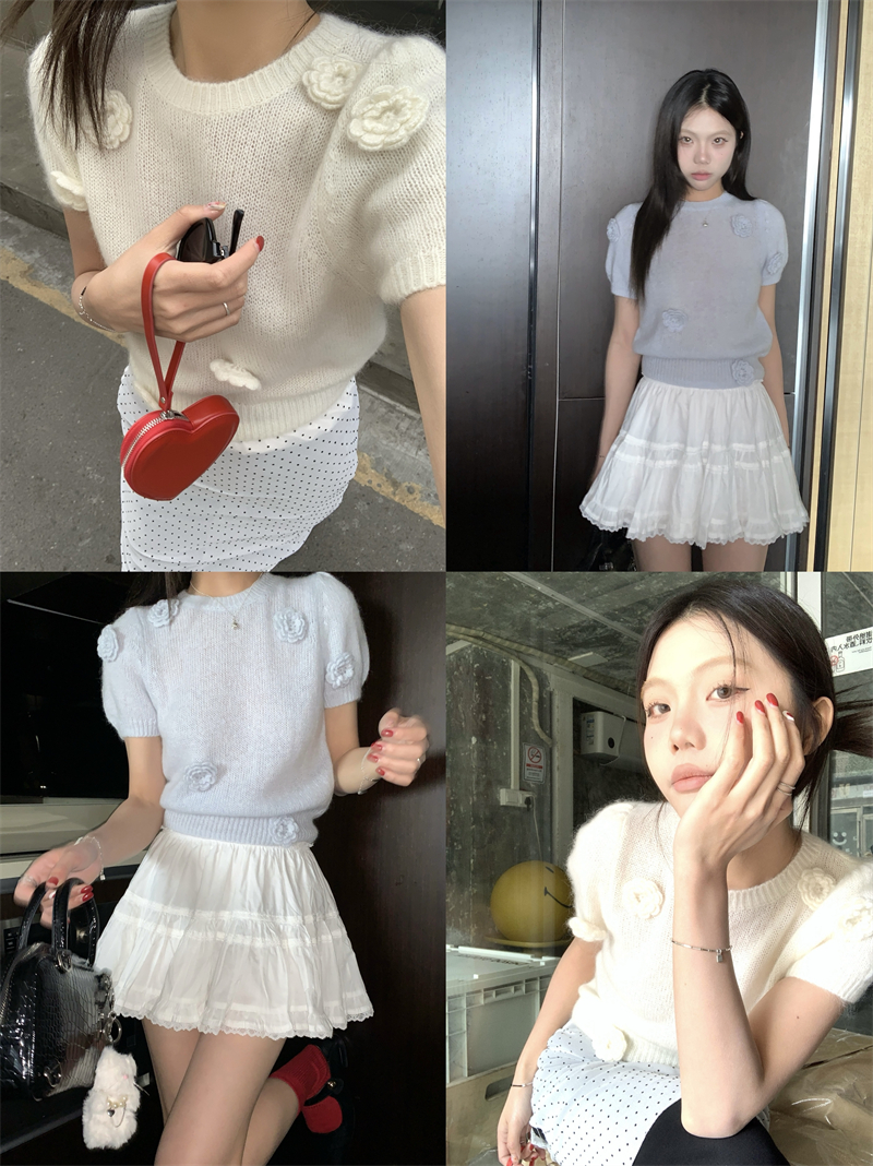 Real shot French sweet three-dimensional hook pattern round neck short-sleeved knitted spring and summer slimming Korean style top for pure lust hotties