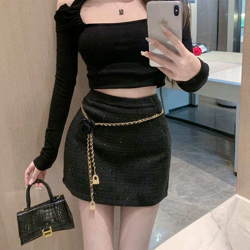 Actual shot of 2024 new spring fashion design small fragrant skirt high waist bag hip rose chain a-line skirt