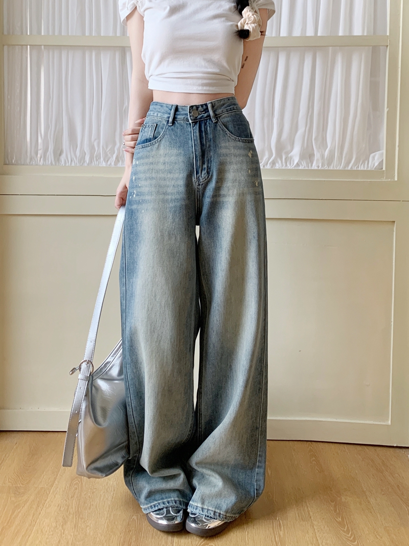 Actual shot#New retro washed denim trousers for women with high waist and wide feet and floor mopping trousers