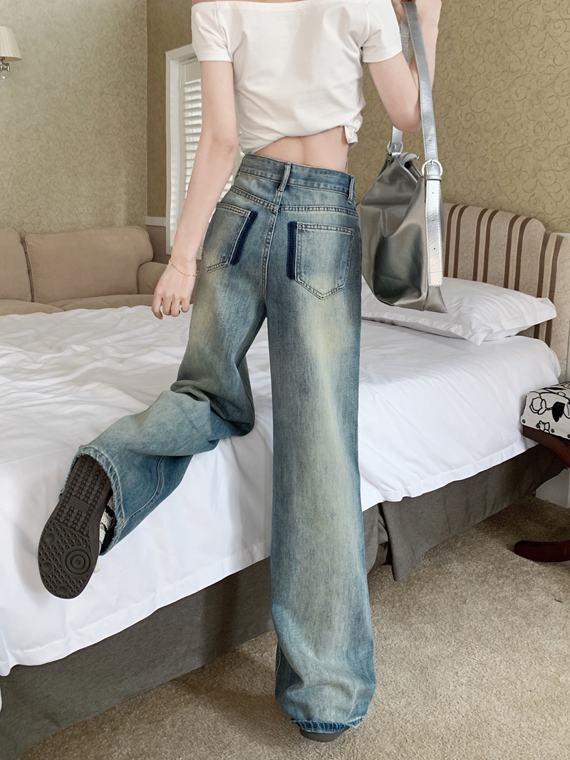 Actual shot#New retro washed denim trousers for women with high waist and wide feet and floor mopping trousers