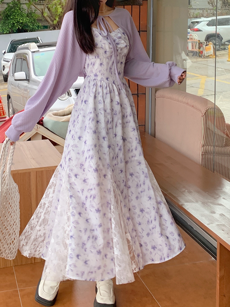 Real shot of purple floral pure lust style slit lace suspender skirt waist dress sun protection cardigan