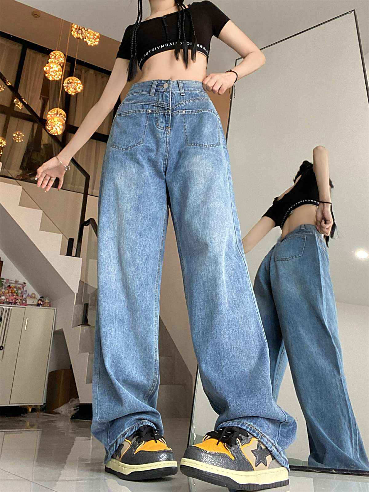 Actual shot~Autumn niche straight ins loose and drapey wide-legged denim pants for women