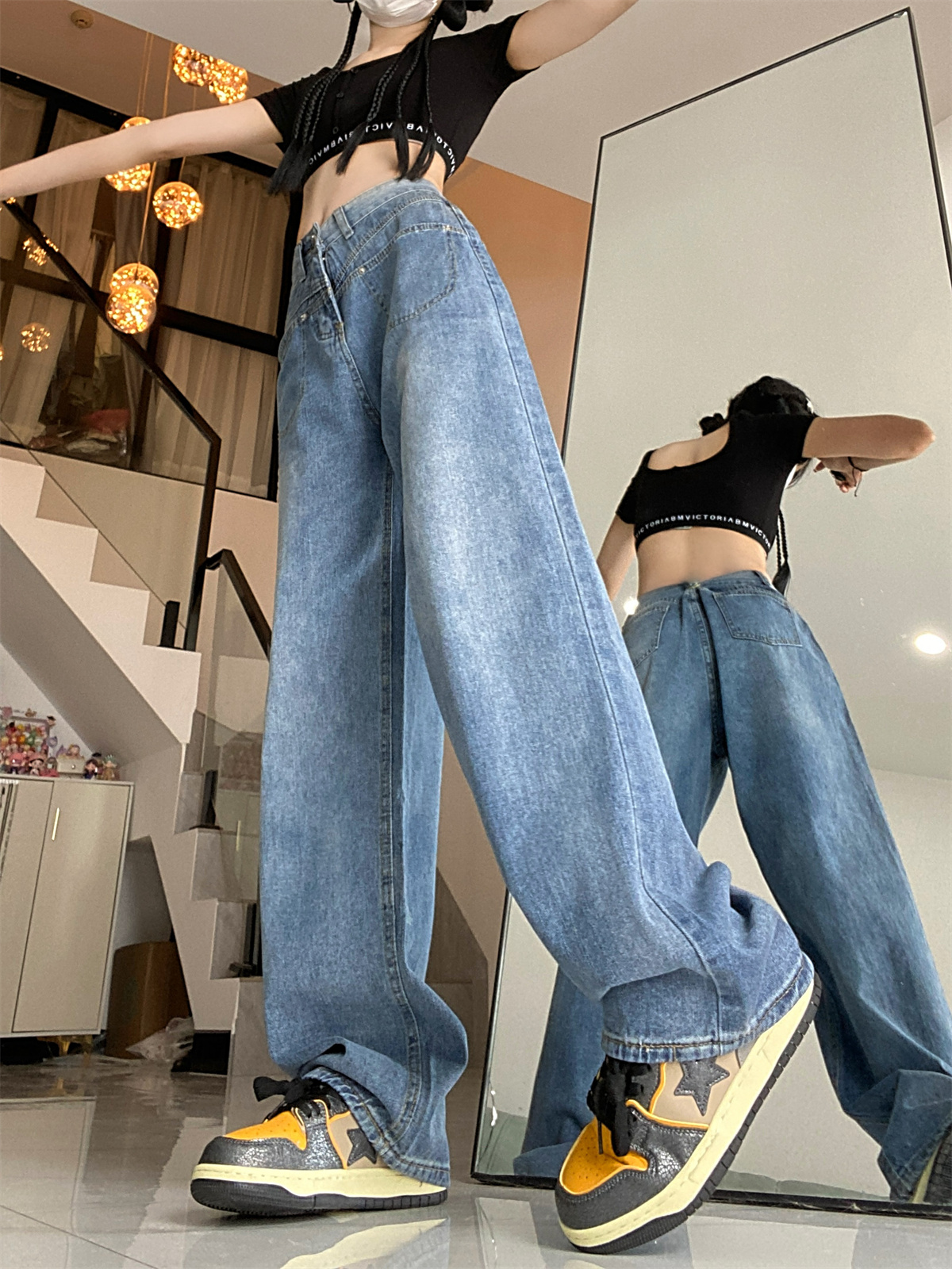 Actual shot~Autumn niche straight ins loose and drapey wide-legged denim pants for women