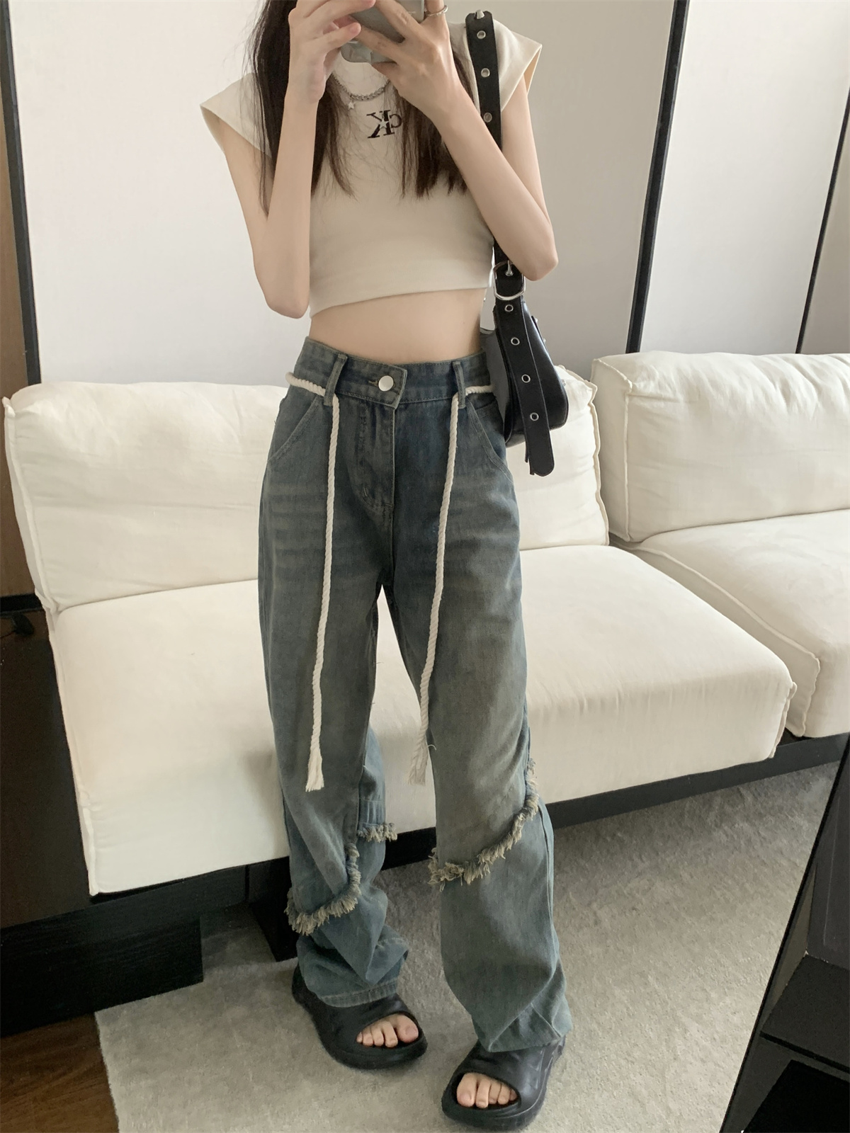 Actual shot ~ Retro design niche high-waisted raw edge jeans for women high street loose slimming straight trousers