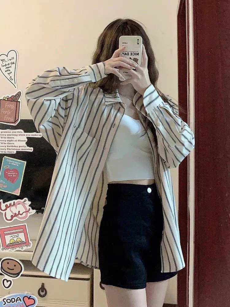 Striped long-sleeved shirt for women early spring new Hong Kong style slim and chic niche design three-piece set