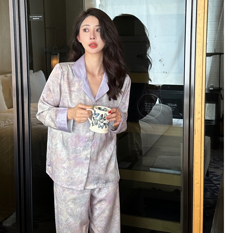 Xiaohongshu Light Luxurious National Style Pajamas for Women Spring and Autumn Long Sleeve Ice Silk Twill Jacquard Contrast Flower Print Home Clothes