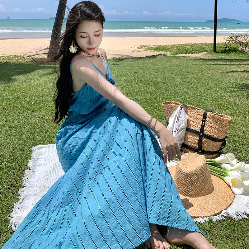 實拍維風颼颼浪漫法式手工玫瑰荷葉邊刺繡重工吊帶長裙大擺連衣裙