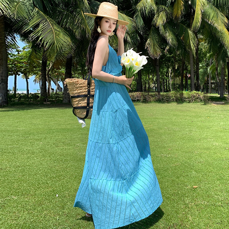 實拍維風颼颼浪漫法式手工玫瑰荷葉邊刺繡重工吊帶長裙大擺連衣裙