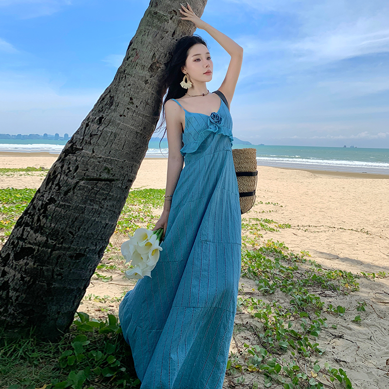 實拍維風颼颼浪漫法式手工玫瑰荷葉邊刺繡重工吊帶長裙大擺連衣裙