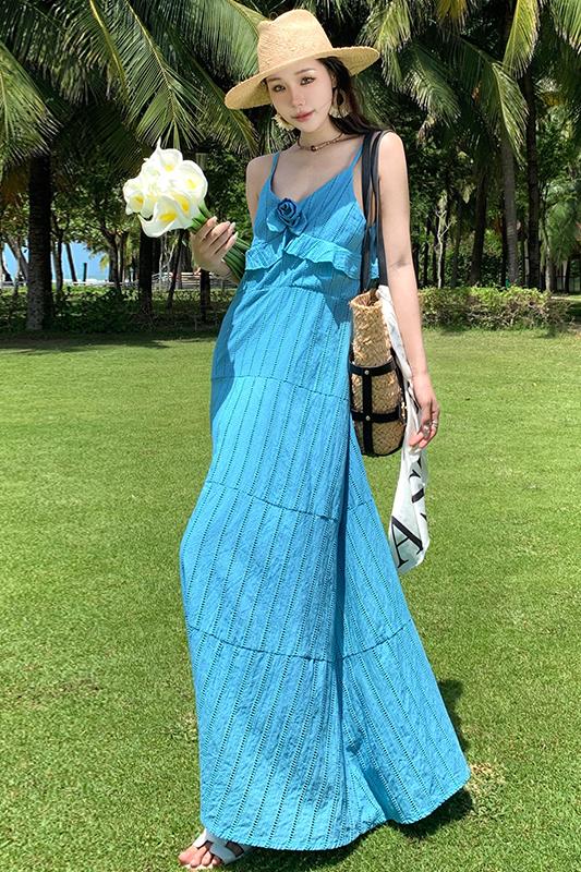 實拍維風颼颼浪漫法式手工玫瑰荷葉邊刺繡重工吊帶長裙大擺連衣裙