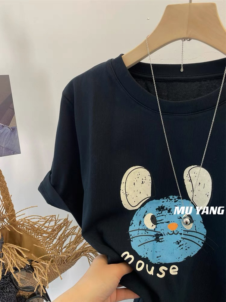 Miss Polka!  Blue little mouse illustration short-sleeved T-shirt spring and summer inner top tee for women