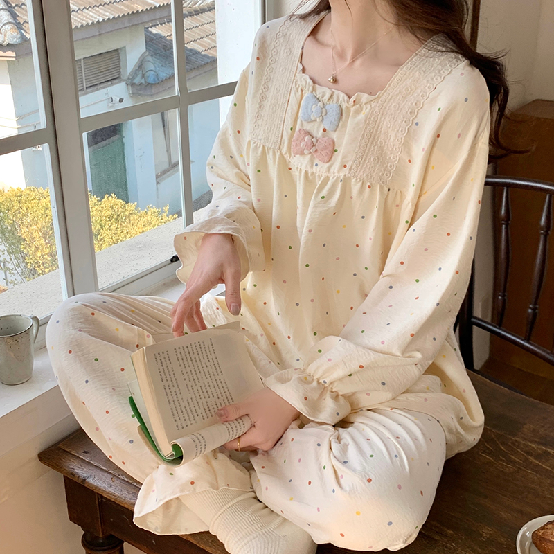 Actual shot of spring and summer cloud cotton jacquard pajamas square collar sweet internet celebrity casual suit can be worn as home clothes