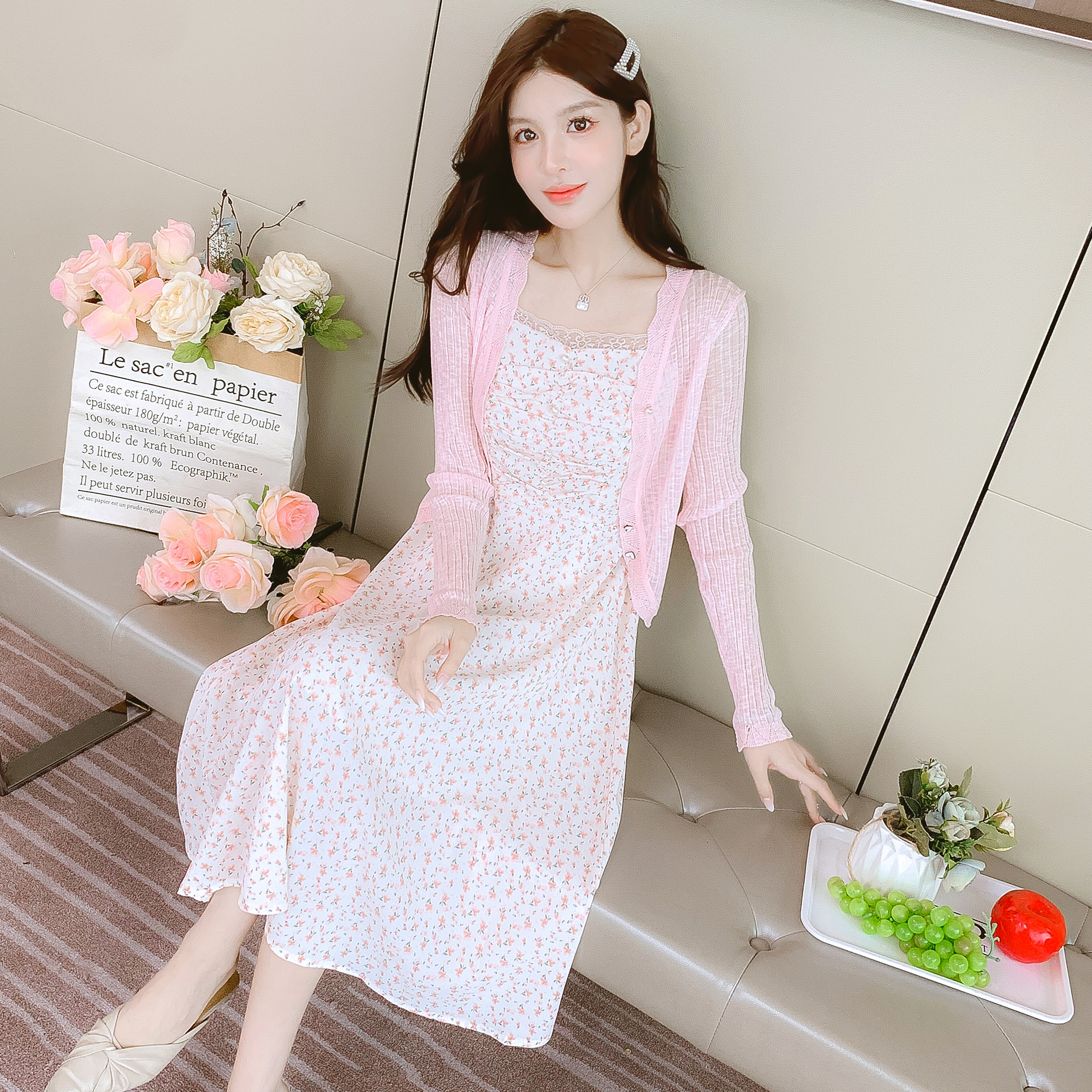 實拍法式小清新碎花連衣裙女2025春季新款針織開衫吊帶裙兩件套裝