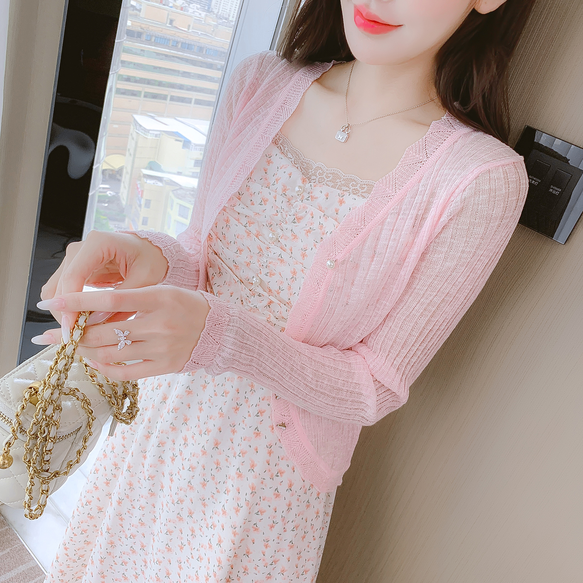 實拍法式小清新碎花連衣裙女2025春季新款針織開衫吊帶裙兩件套裝