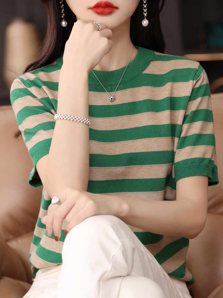 拼色條紋短袖t恤衫女士新款莫代爾體恤洋氣打底圓領針織上衣