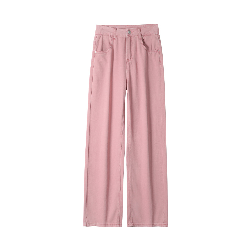 高质量脏粉色高腰牛仔裤宽松显瘦收腰直筒裤 长裤加长
